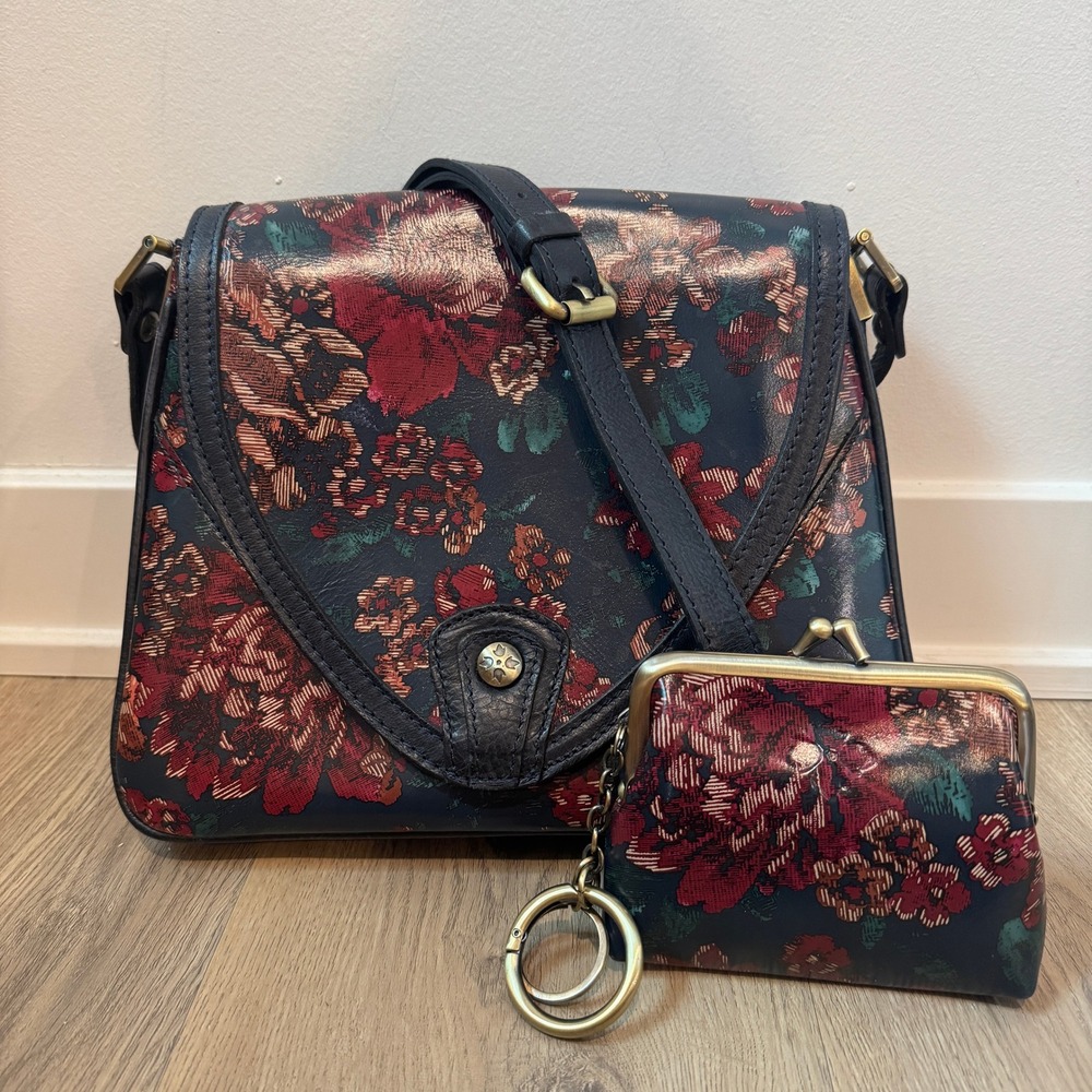 Patricia Nash Floral Leather Crossbody Bag and Coin Purse Set Navy Copper EUC